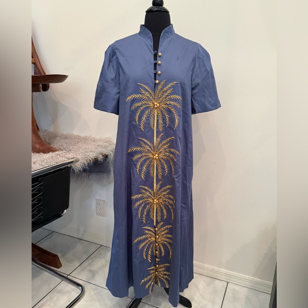 MESTIZA Elliana Gold Palm Embroidered Cotton Poplin Midi Dress in Blue Sz M $475 - Picture 6 of 16